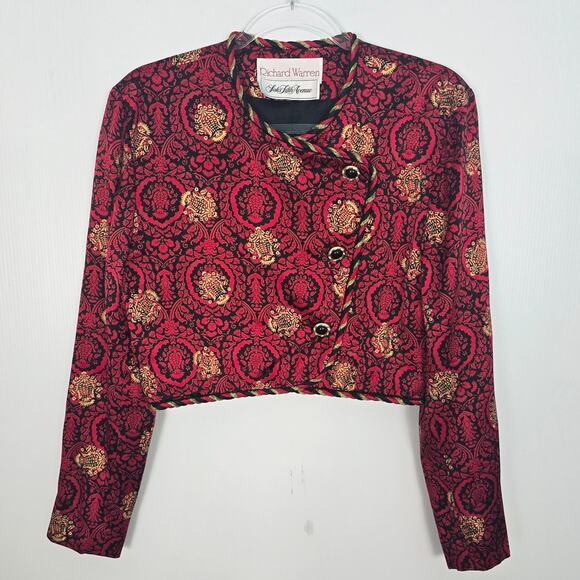 VTG Silk Damask Cropped Blazer Red Black Gold Rhinestone Buttons Saks Fifth Ave - Picture 1 of 10